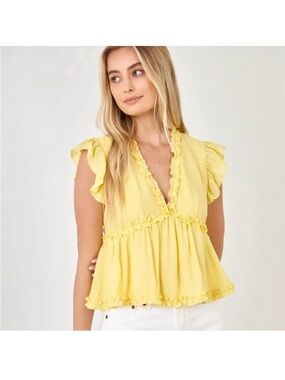 Endless Rose Yellow Ruffle V-Neck Peplum Top
